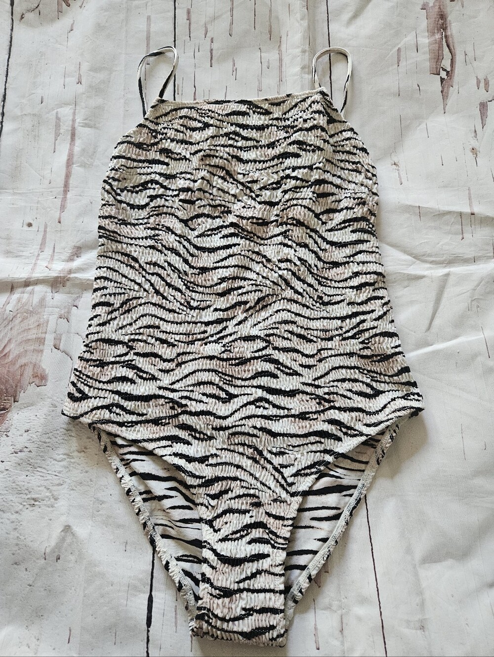 New Aila Blue Textured Zebra Print One-Piece Swimsuit - Black, White, Tan Small